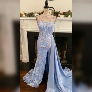 Iridescent light blue prom dress or pageant evening gown with side train